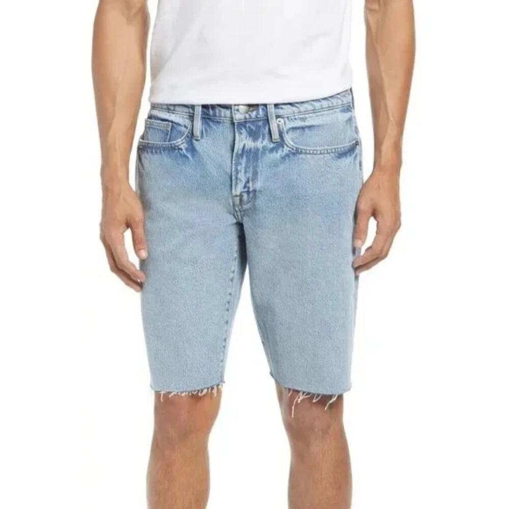 FRAME L'Homme Cut Off Denim Shorts NWT Size 38 Blue Raw Hem LMCSHRA385